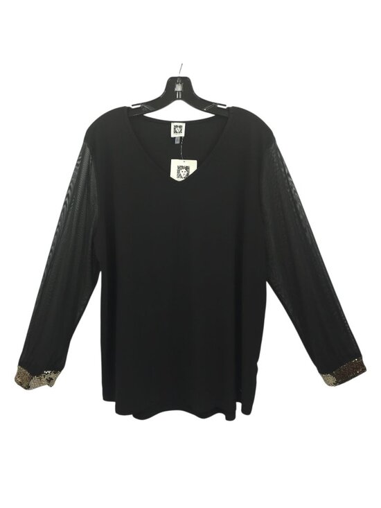 Anne Klein Tops - Anne Klein Black V-Neck Top Blouse Womens XL Sheer Mesh Long Sleeve Sequin Cuffs